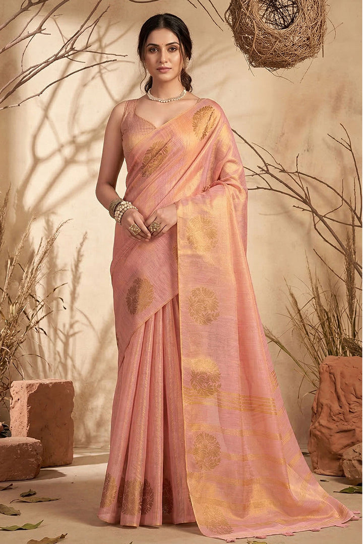 Festive Style Tissue Silk Weaving Work Saree In Peach Color