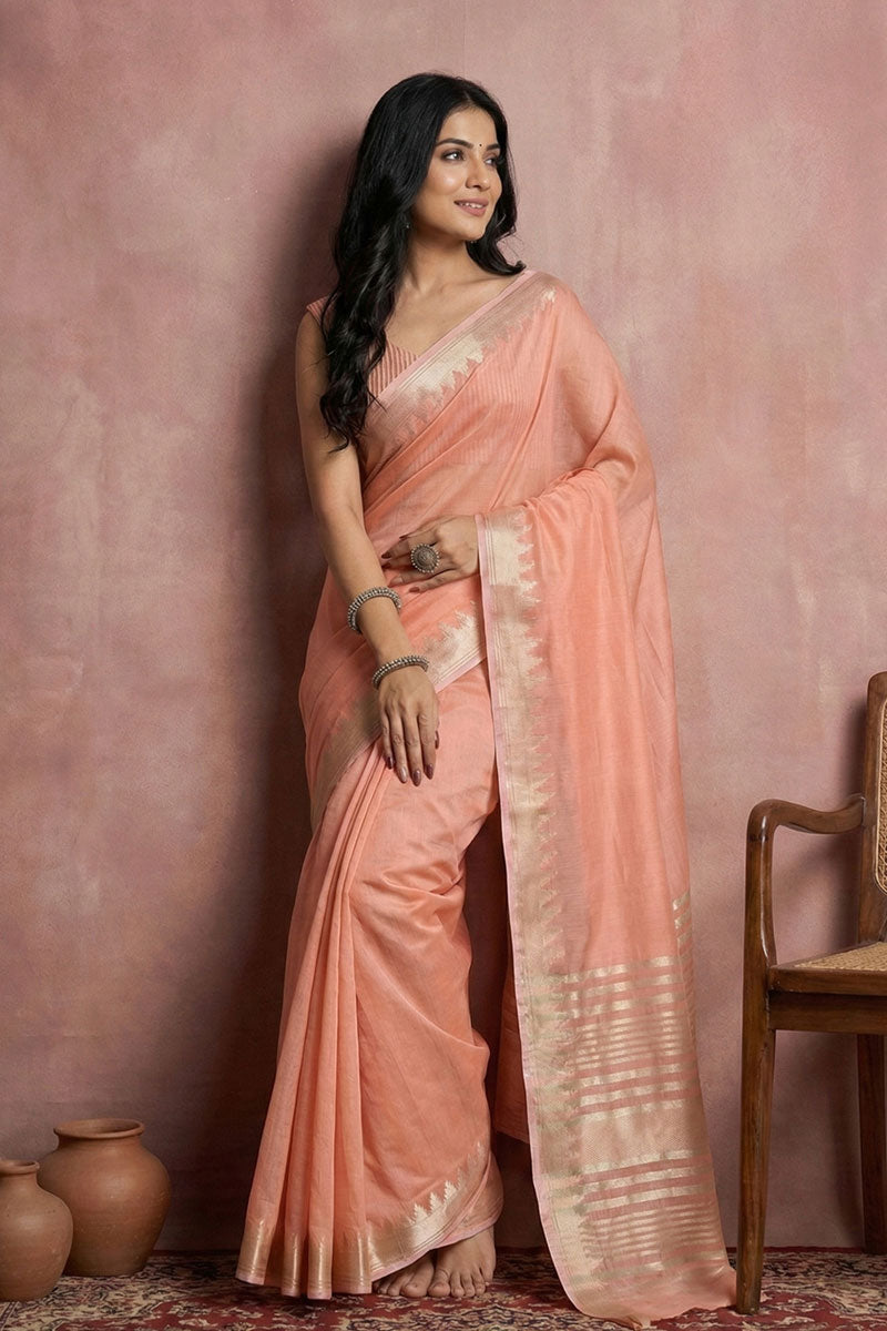 Weaving Work On Peach Color Cotton Saree For Festive | Buy Online India