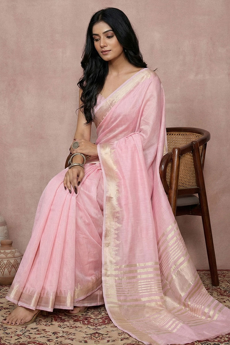 Festive Wear Pink Cotton Weaving Saree | Buy Online India