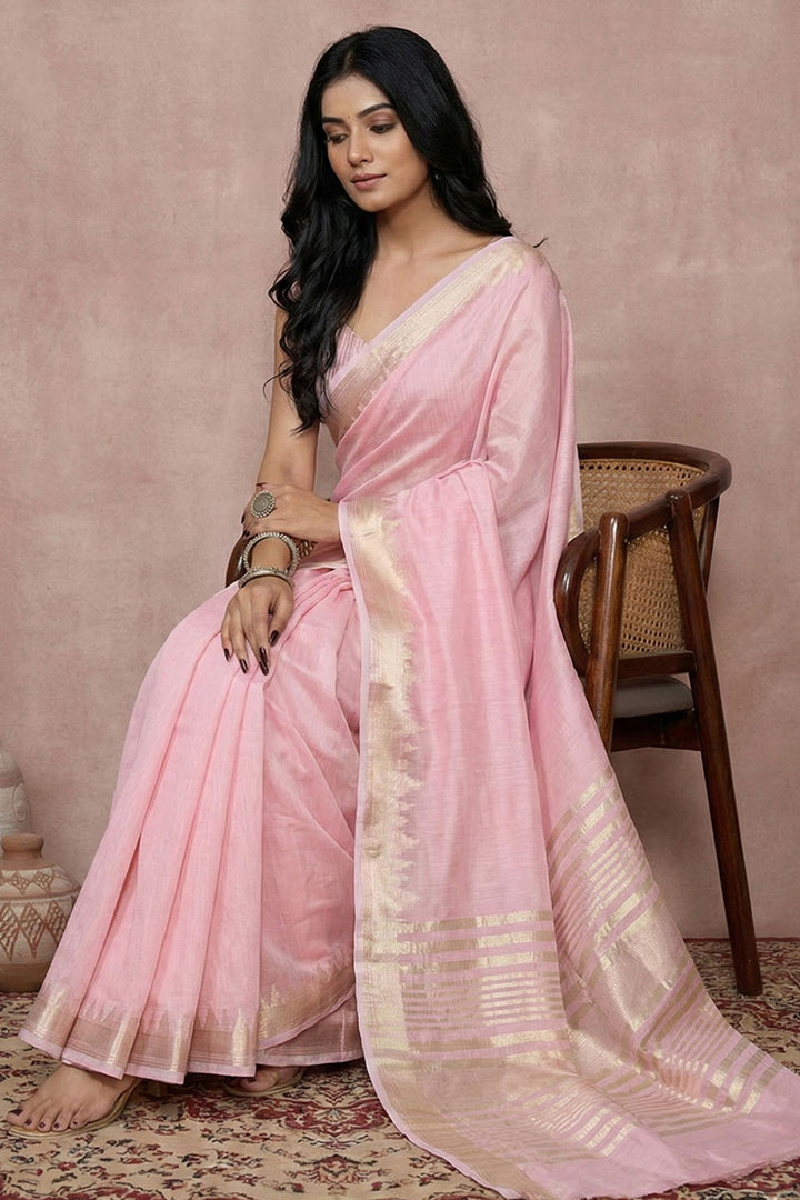 Festive Wear Pink Cotton Weaving Saree | Buy Online India