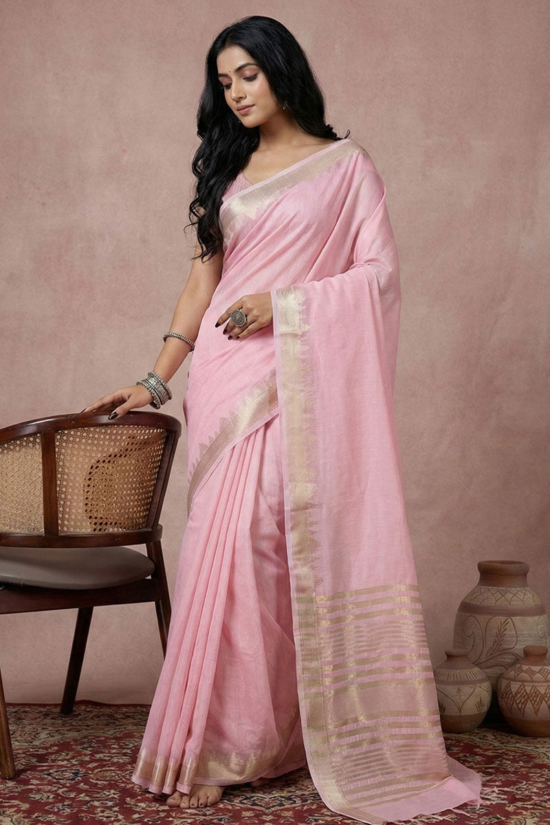 Festive Wear Pink Cotton Weaving Saree | Buy Online India