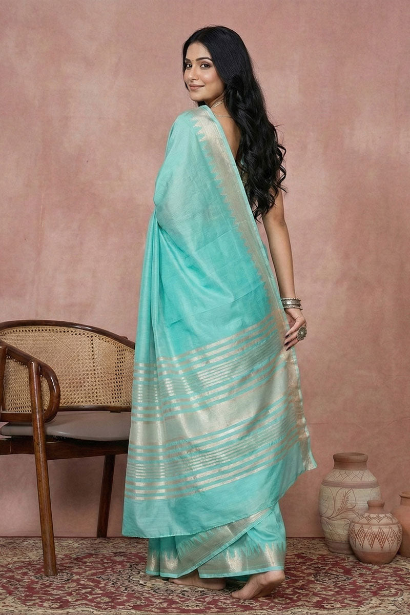 Tempting Cyan Color Cotton Woven Saree | Buy Online India