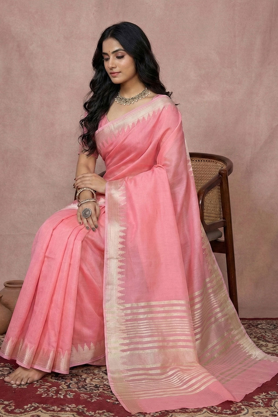 Festive Style Pink Color Cotton Saree With Weaving Work | Buy Online India