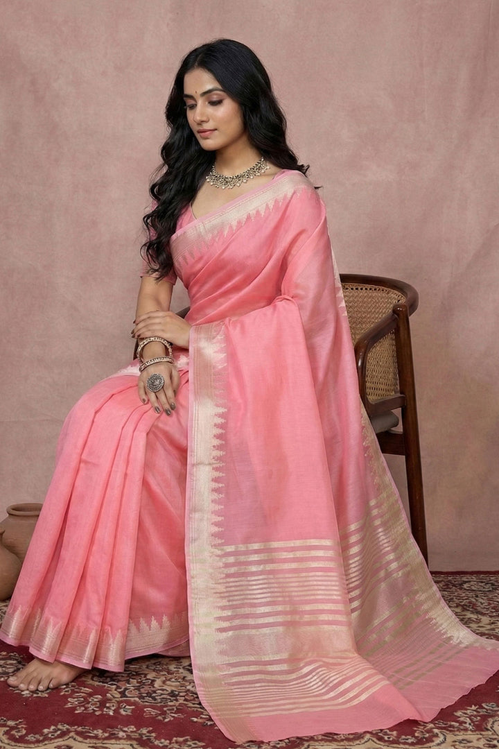 Festive Style Pink Color Cotton Saree With Weaving Work | Buy Online India