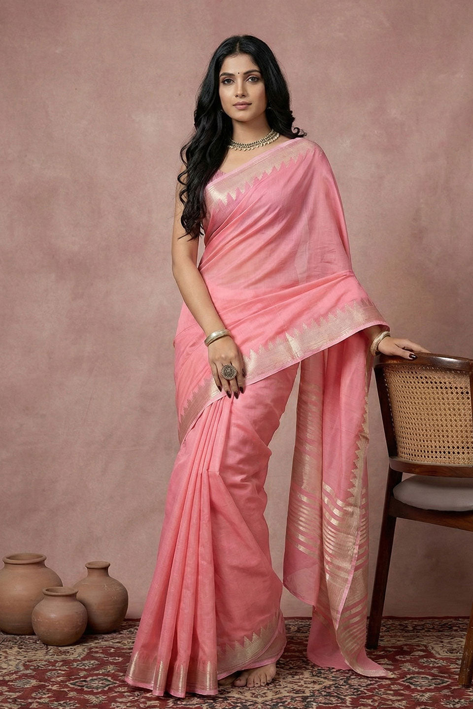 Festive Style Pink Color Cotton Saree With Weaving Work | Buy Online India
