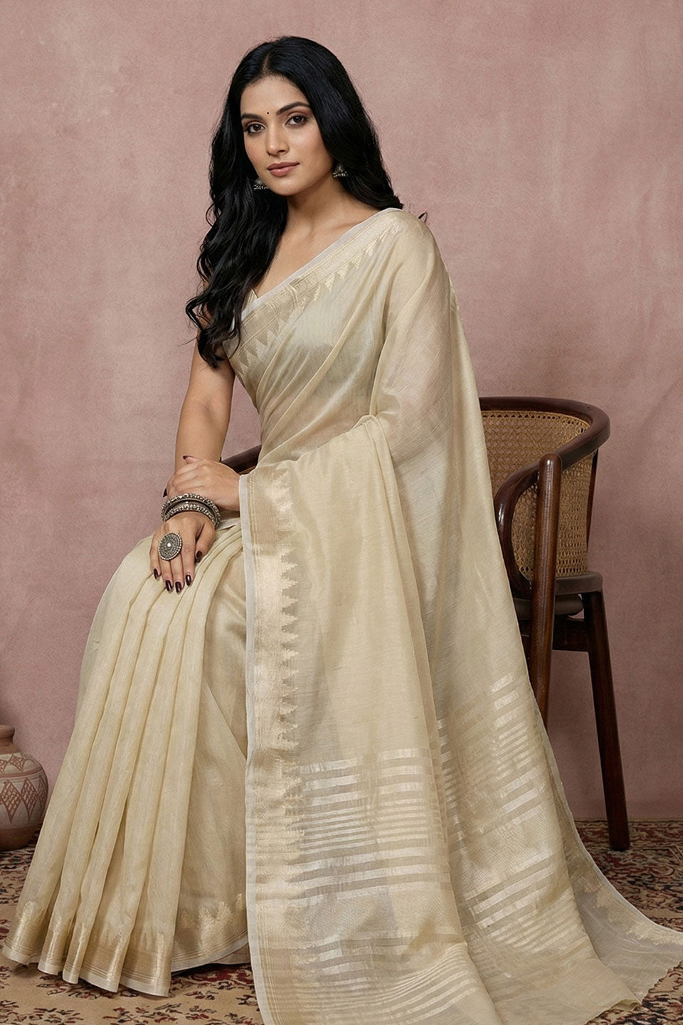 Engaging Cream Color Cotton Saree With Weaving Work | Buy Online India
