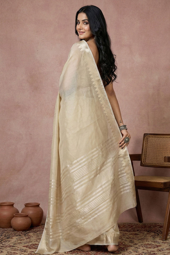 Engaging Cream Color Cotton Saree With Weaving Work | Buy Online India