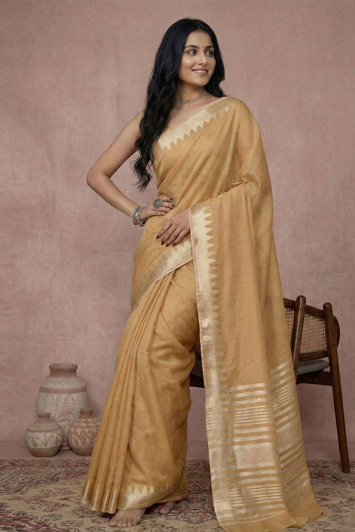 Amazing Weaving Work On Golden Cotton Saree | Buy Online India