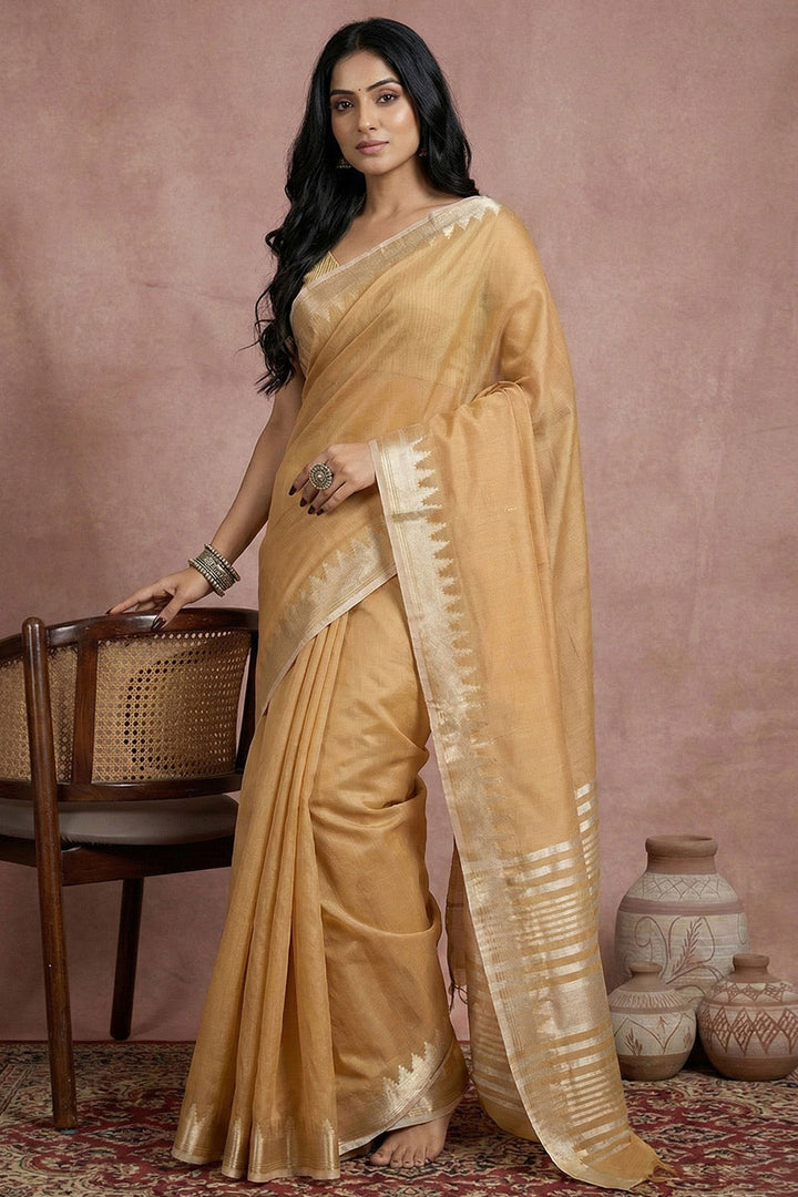 Amazing Weaving Work On Golden Cotton Saree | Buy Online India