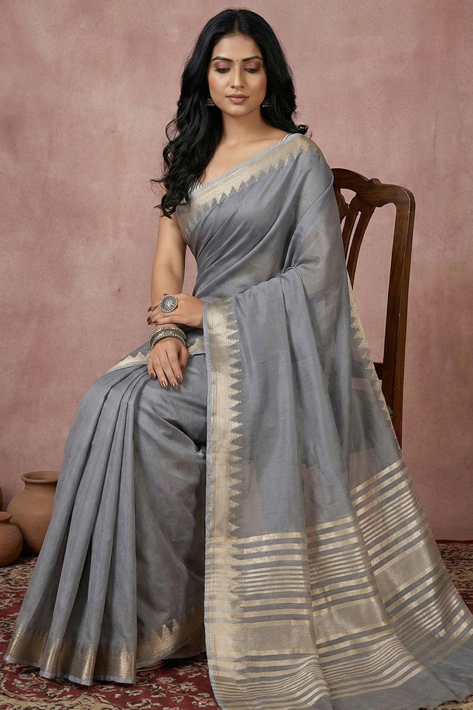 Trendy Grey Color Cotton Saree With Weaving Work | Buy Online India