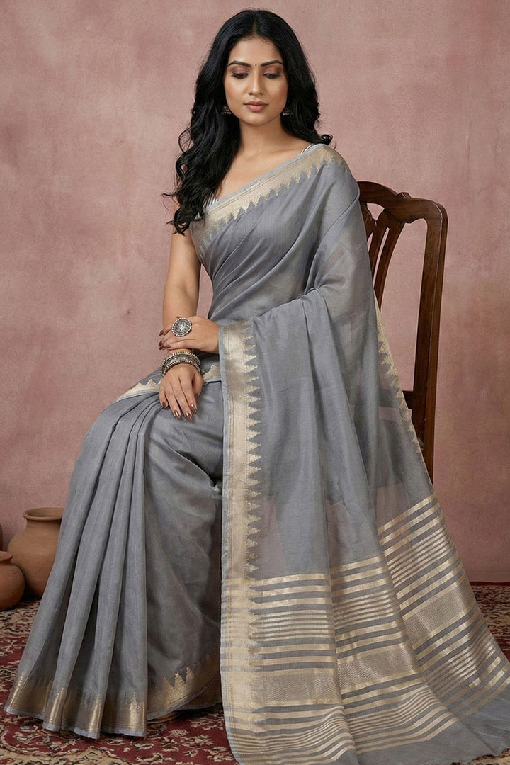 Trendy Grey Color Cotton Saree With Weaving Work | Buy Online India