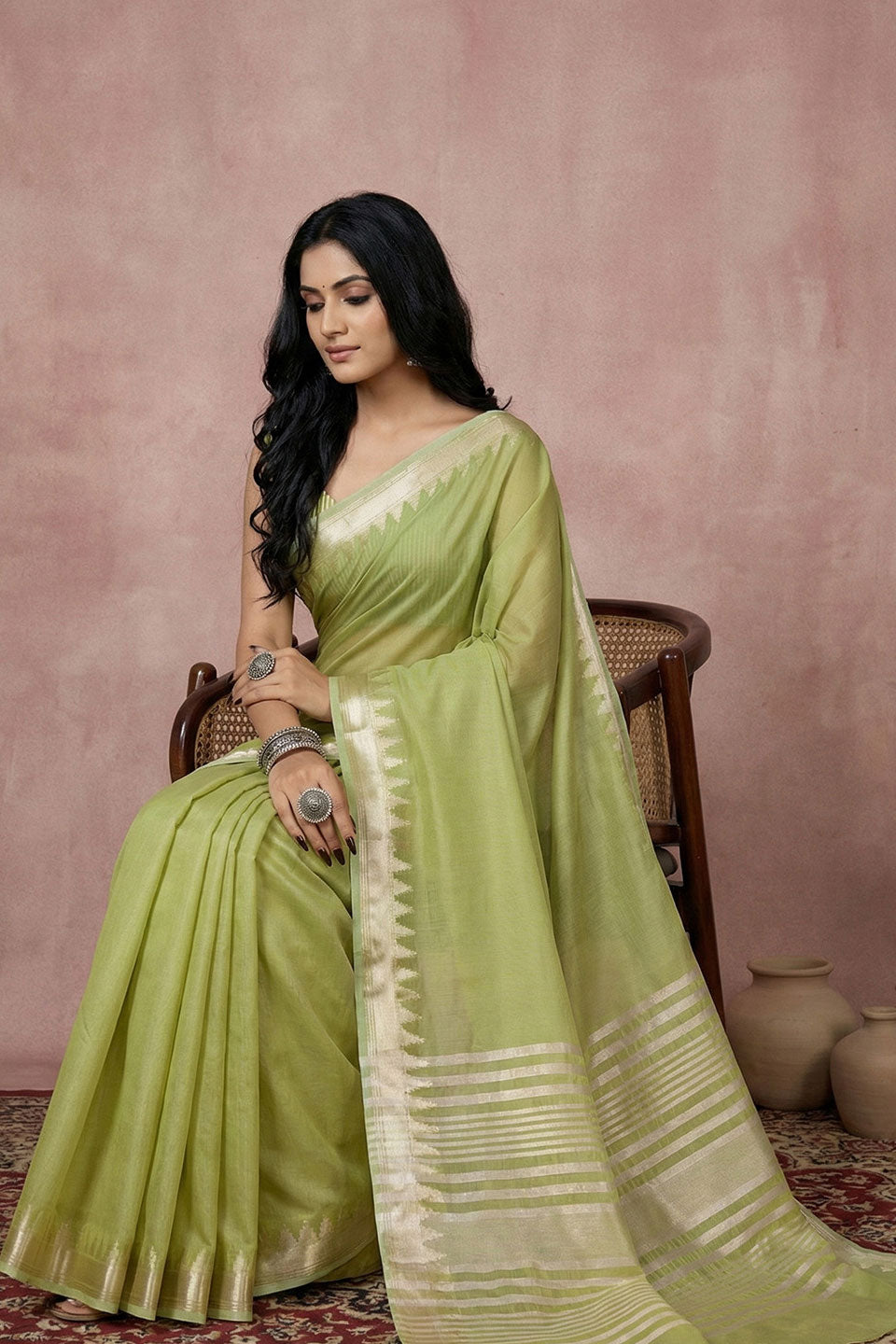 Soothing Weaving Work On Green Color Cotton Saree | Buy Online India