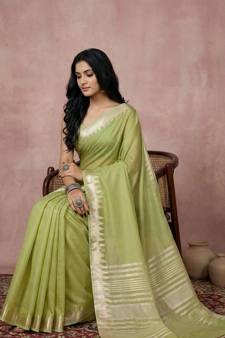 Soothing Weaving Work On Green Color Cotton Saree | Buy Online India