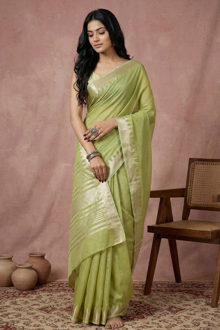 Soothing Weaving Work On Green Color Cotton Saree | Buy Online India