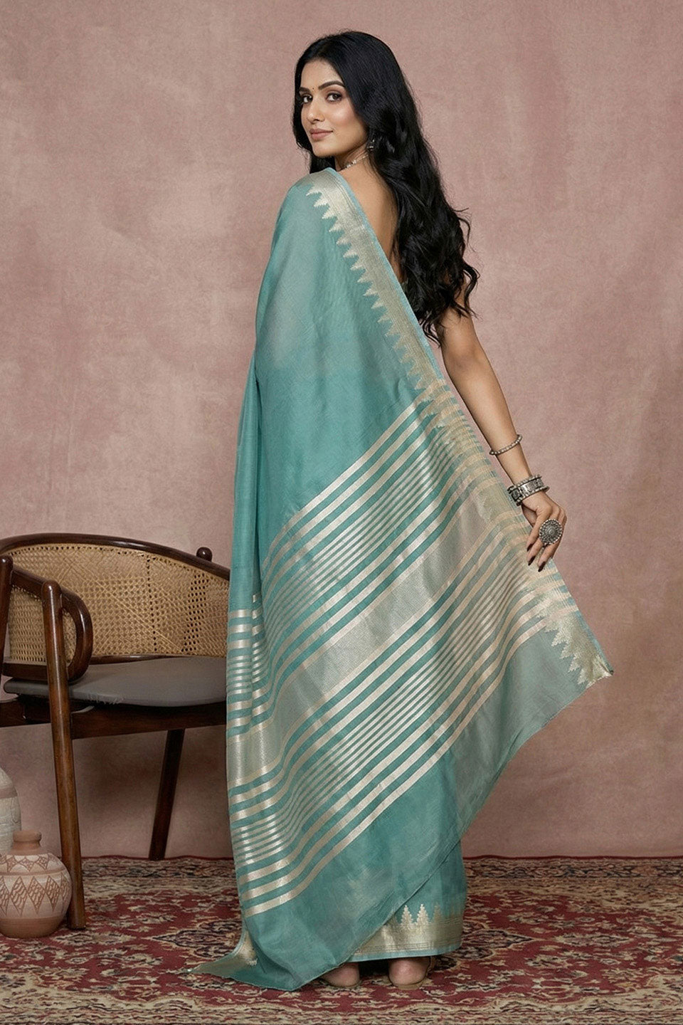 Weaving Work On Sea Green Color Cotton Saree For Festive | Buy Online India