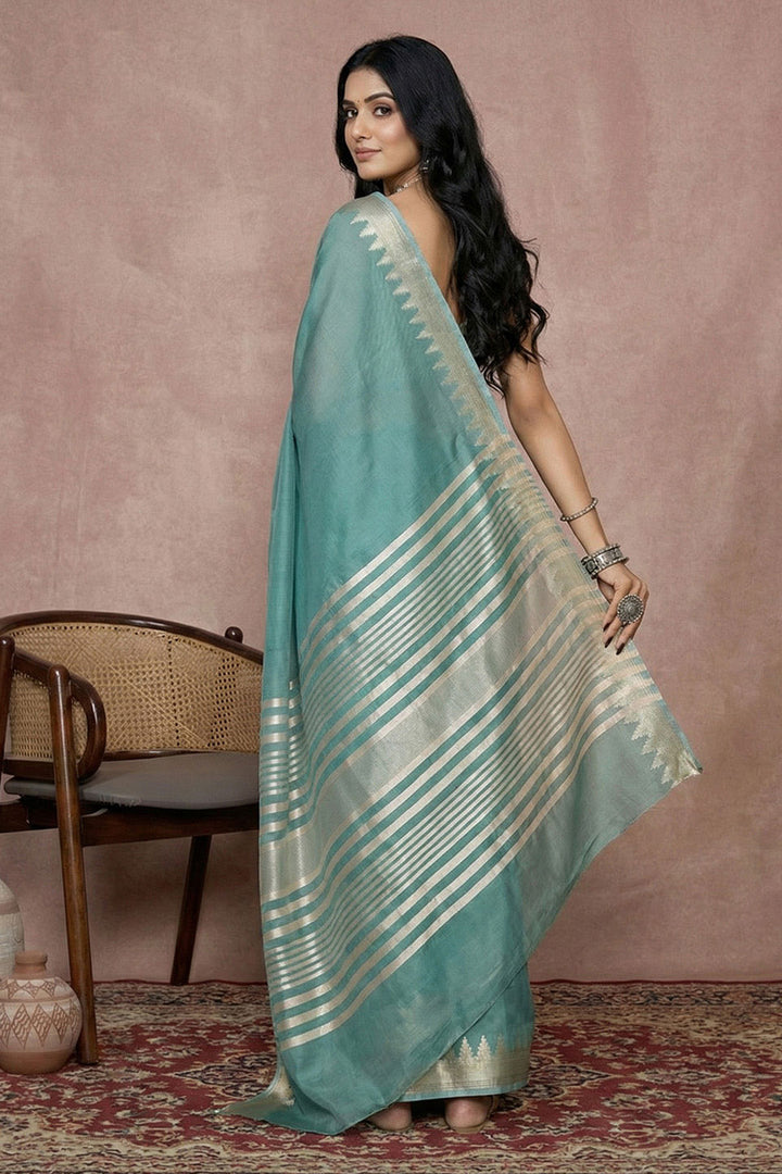 Weaving Work On Sea Green Color Cotton Saree For Festive | Buy Online India