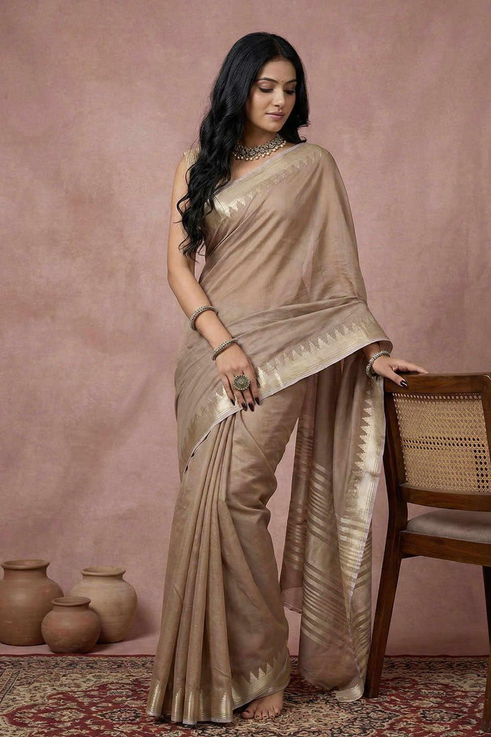Graceful Beige Color Cotton Saree With Weaving Work | Buy Online India