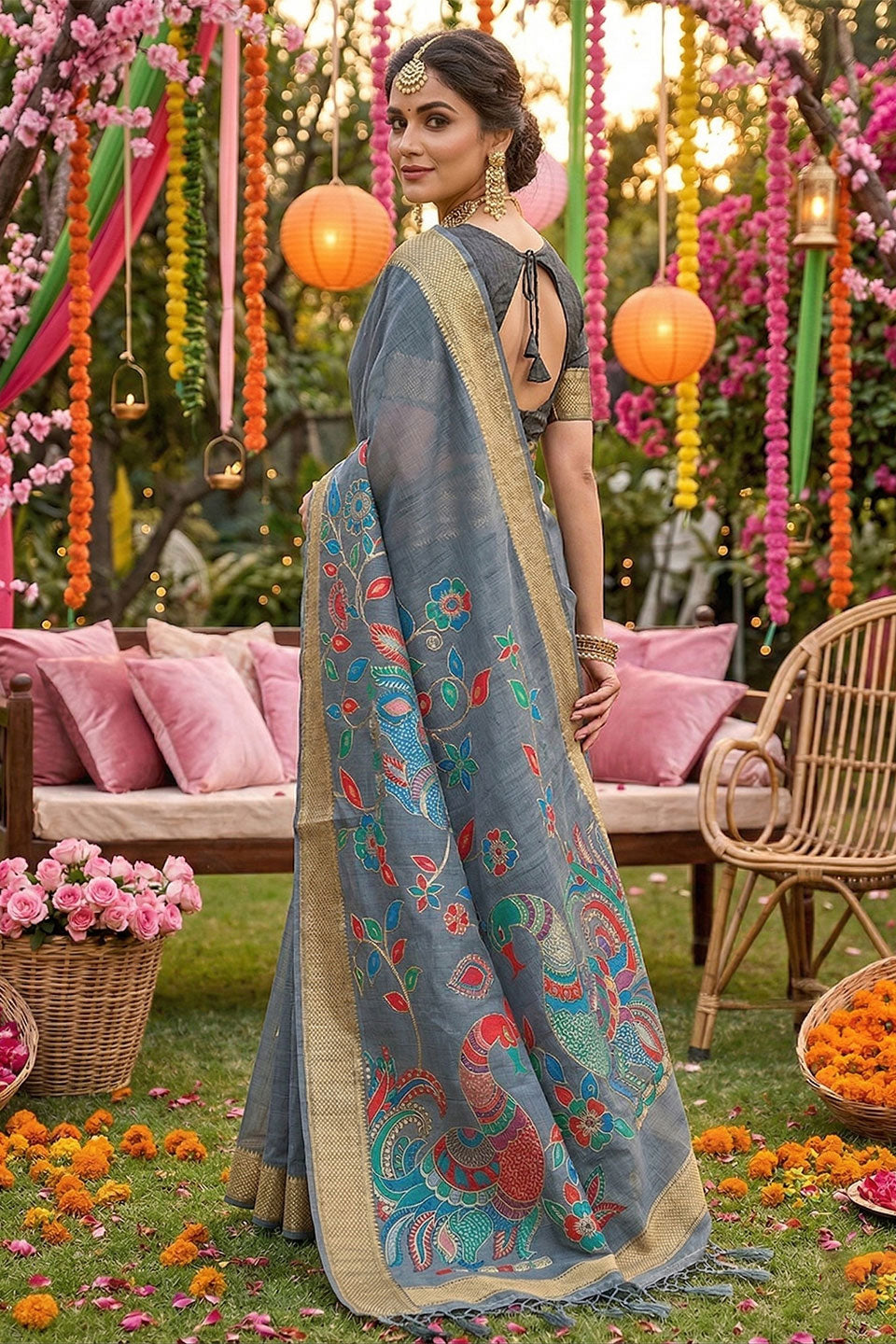 Grey Color Printed Linen Cotton Saree