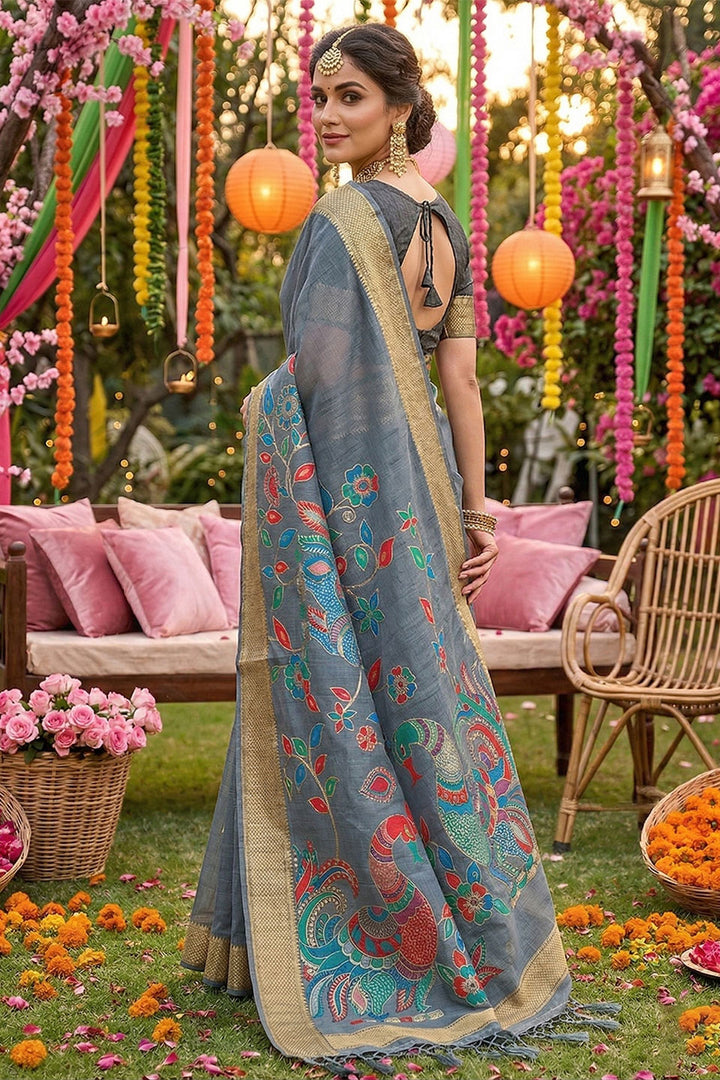 Grey Color Printed Linen Cotton Saree