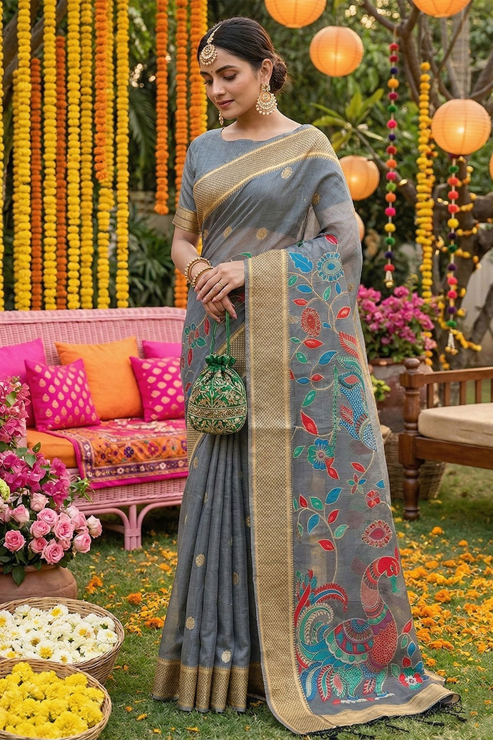 Grey Color Printed Linen Cotton Saree