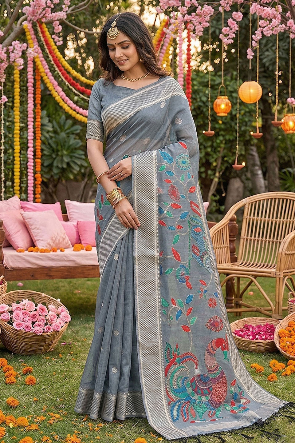 Grey Color Printed Linen Cotton Saree
