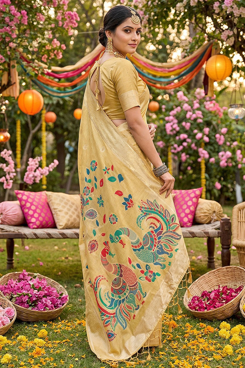Printed Linen Cotton Yellow Color Saree