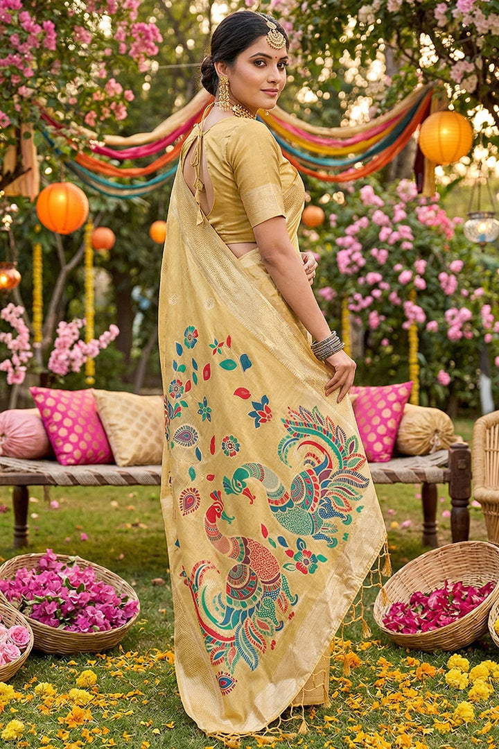 Printed Linen Cotton Yellow Color Saree