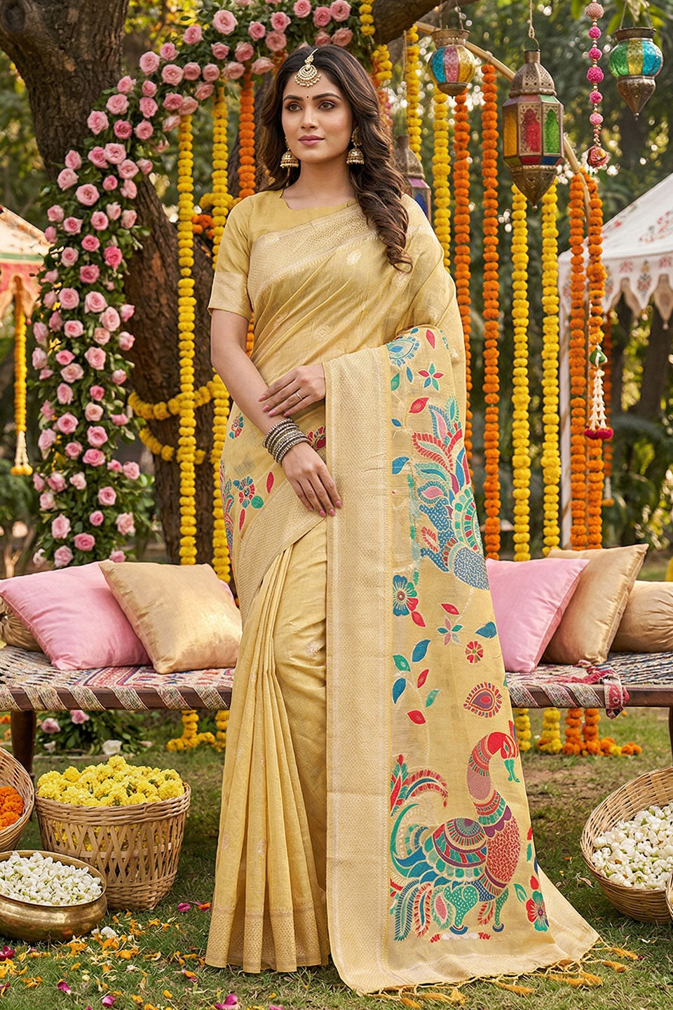 Printed Linen Cotton Yellow Color Saree