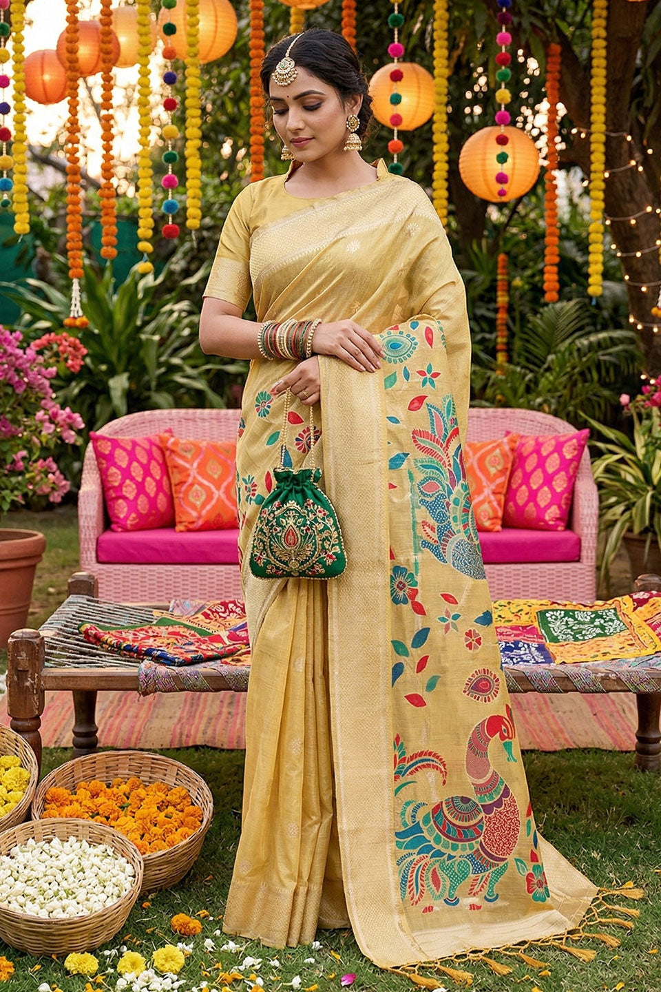 Printed Linen Cotton Yellow Color Saree