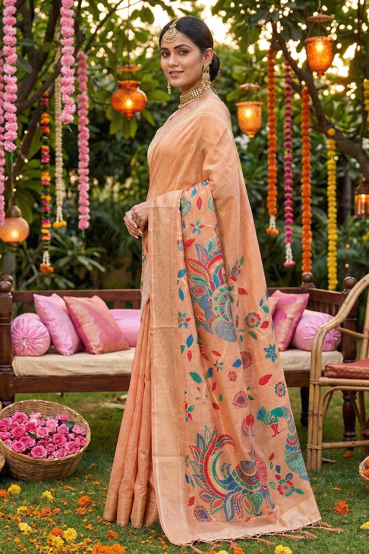 Printed Linen Cotton Peach Color Saree