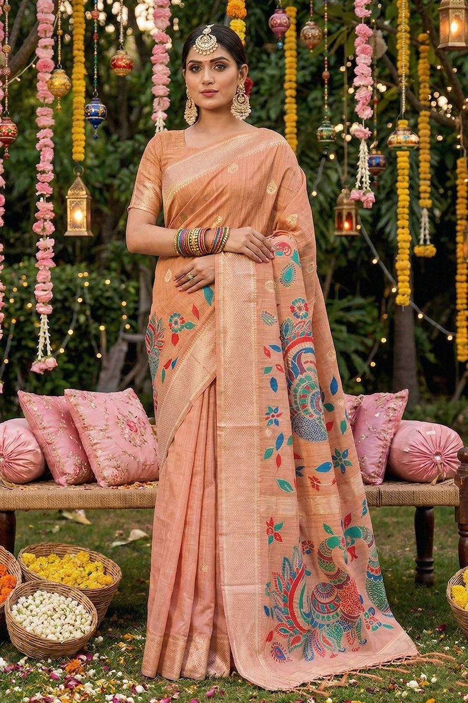 Printed Linen Cotton Peach Color Saree