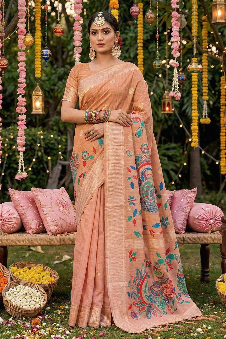 Printed Linen Cotton Peach Color Saree
