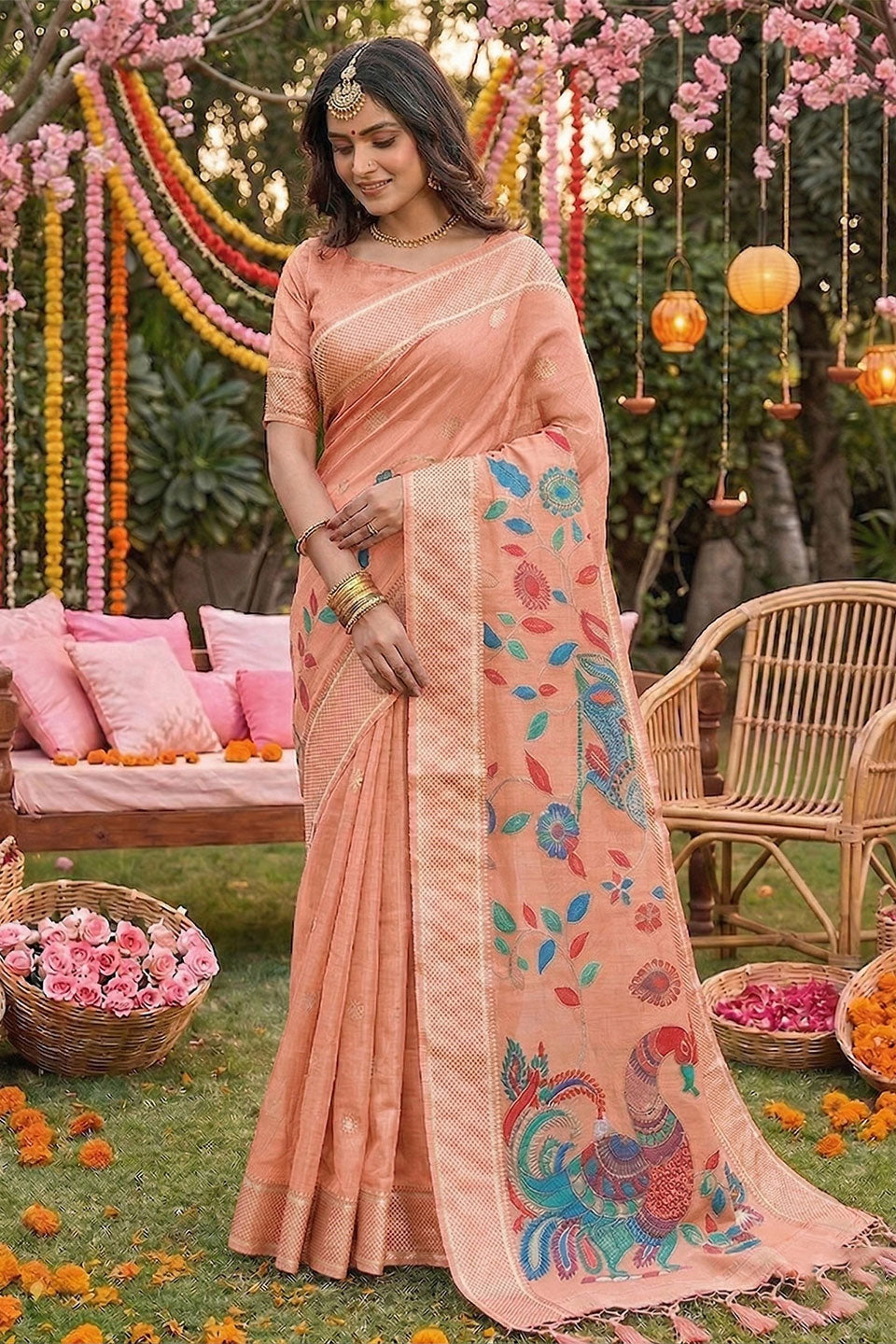 Printed Linen Cotton Peach Color Saree