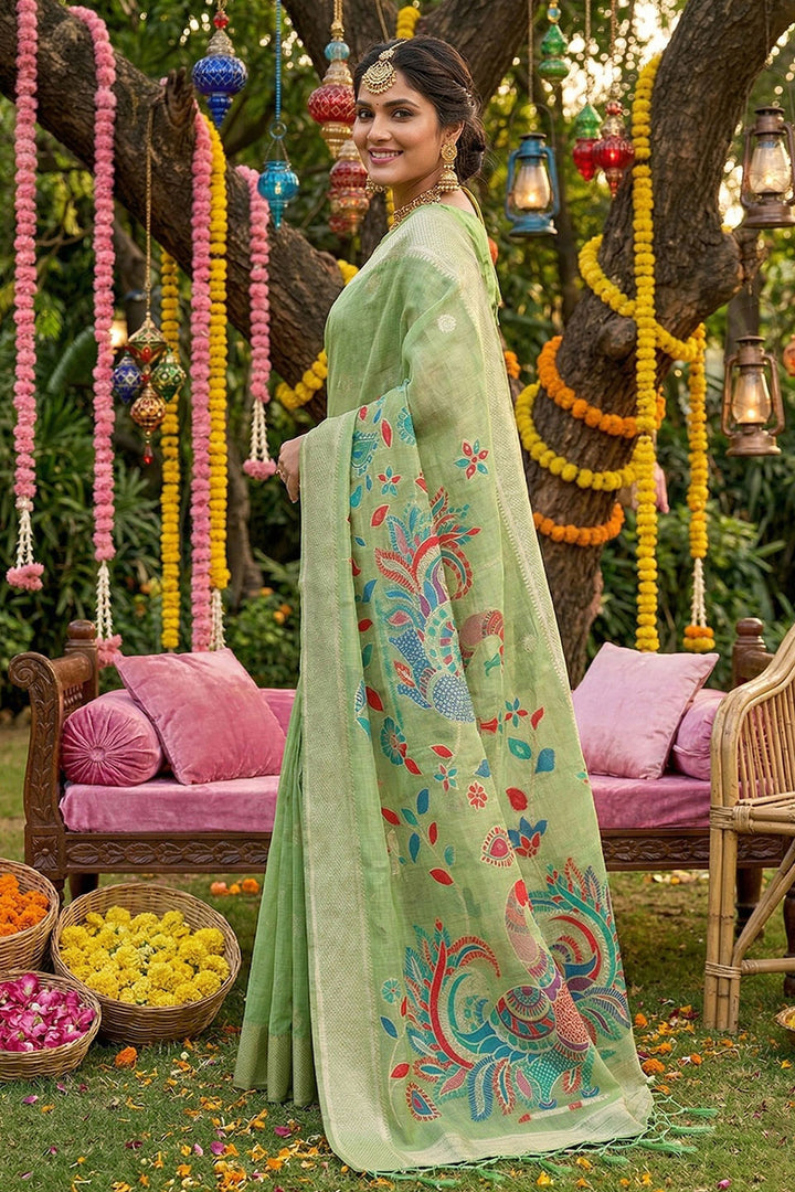 Printed Linen Cotton Saree In Sea Green Color