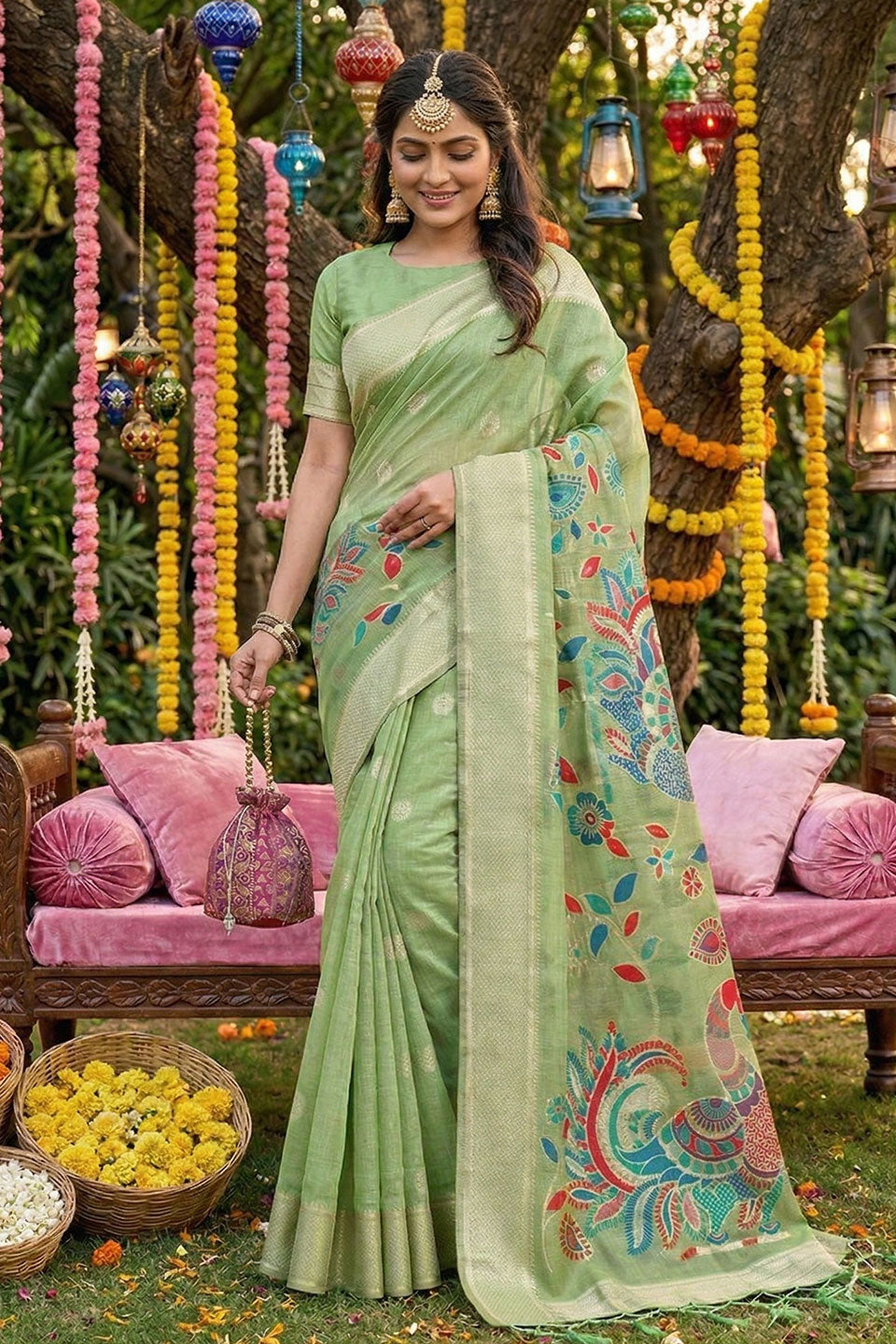 Printed Linen Cotton Saree In Sea Green Color