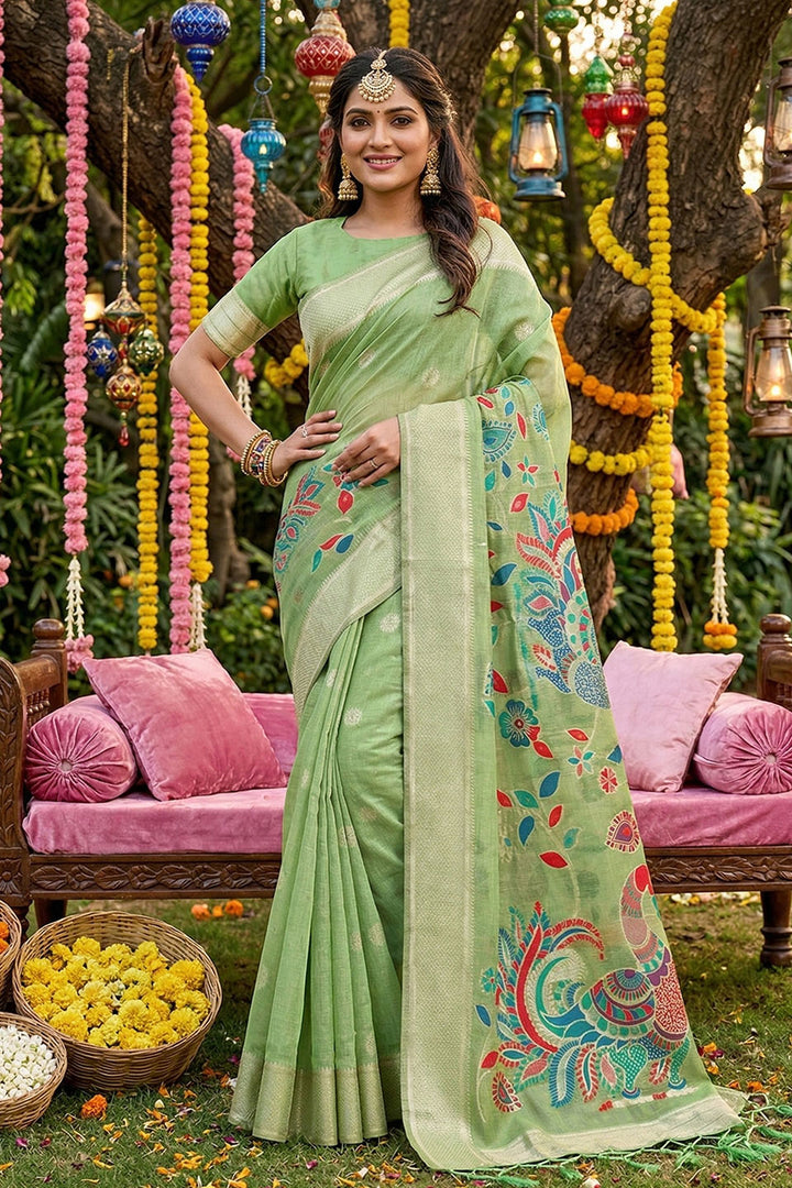 Printed Linen Cotton Saree In Sea Green Color