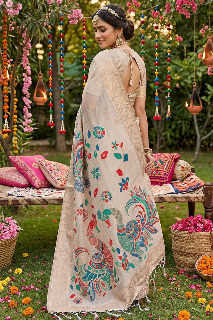 Cream Color Linen Cotton Printed Saree