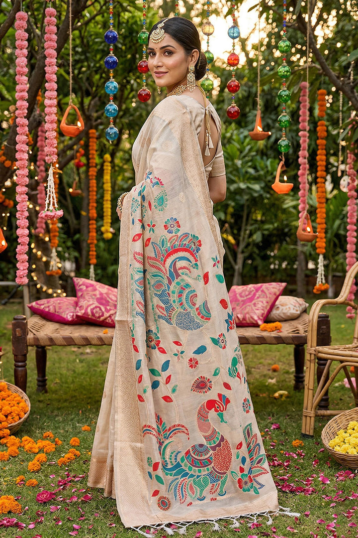 Cream Color Linen Cotton Printed Saree