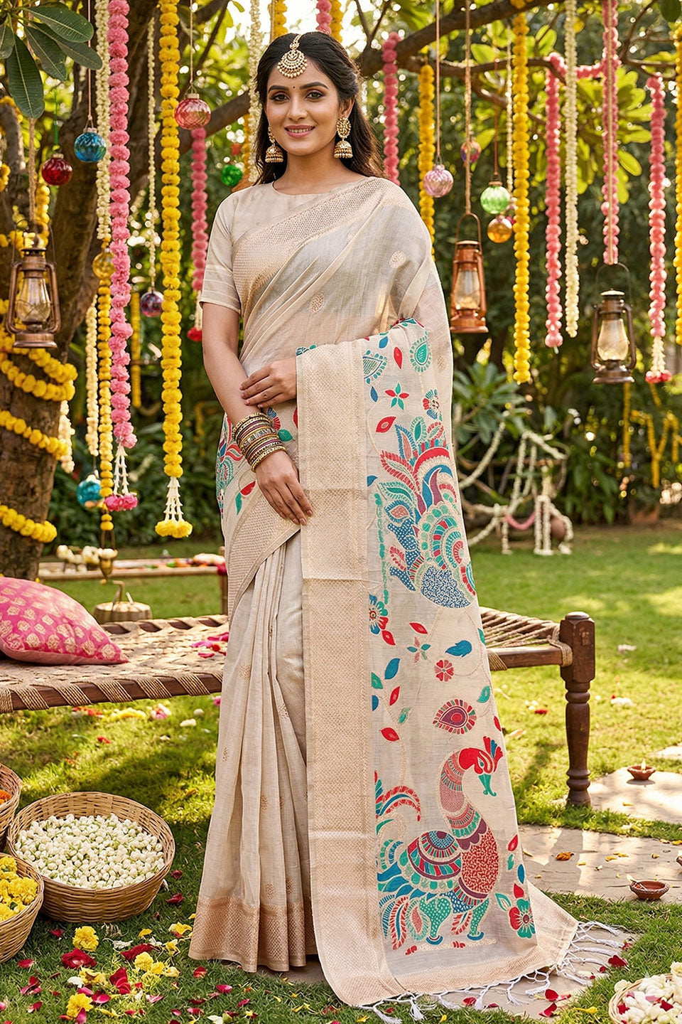 Cream Color Linen Cotton Printed Saree