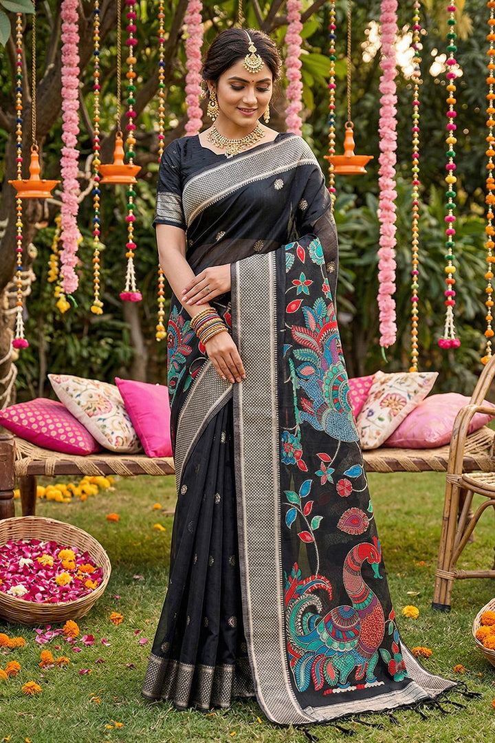 Black Printed Linen Cotton Saree