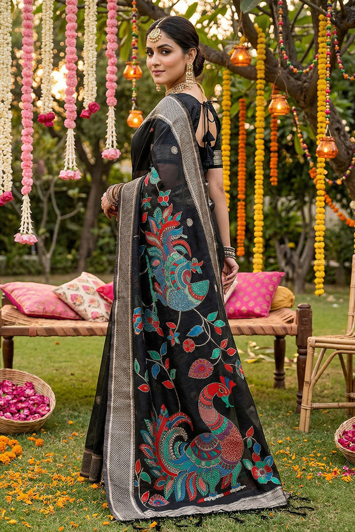 Black Printed Linen Cotton Saree
