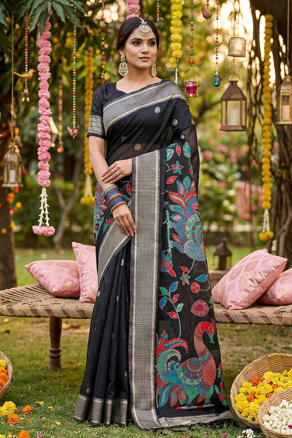 Black Printed Linen Cotton Saree