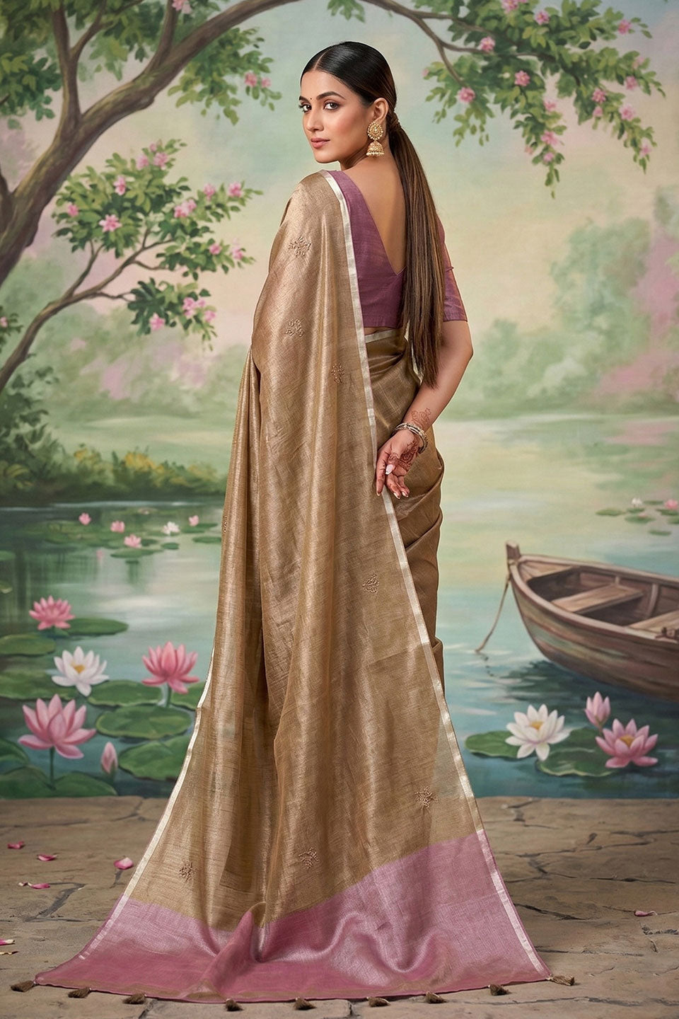 Brown Color Festive Wear Glamorous Tissue Silk Saree