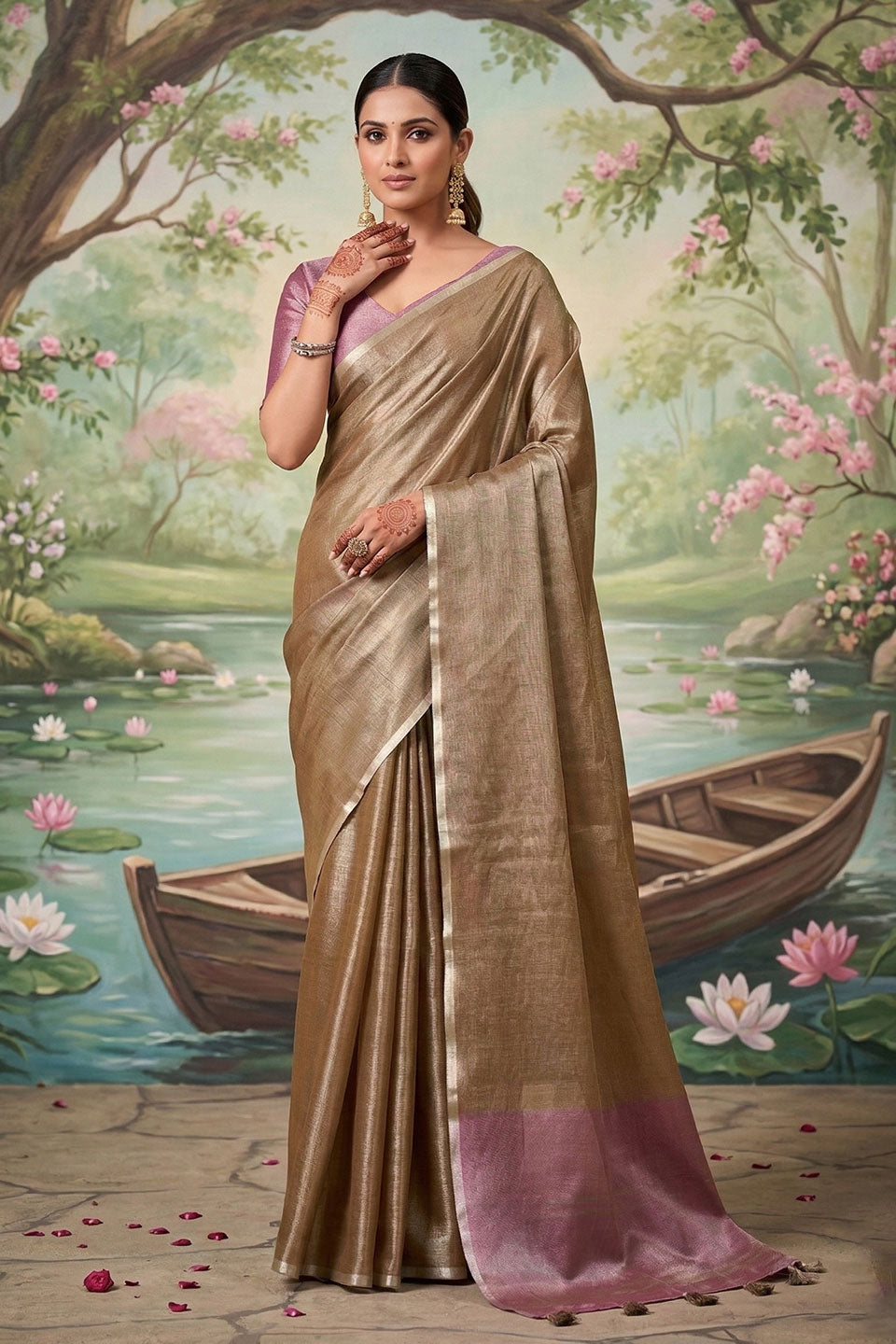 Brown Color Festive Wear Glamorous Tissue Silk Saree