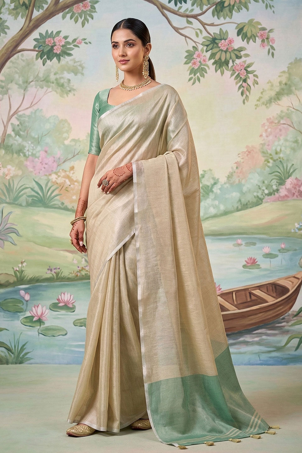 Beige Color Festive Wear Tissue Silk Saree