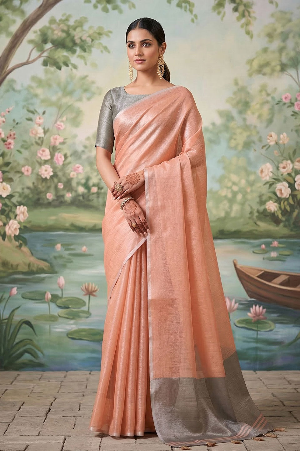 Peach Color Festive Wear Graceful Tissue Silk Saree