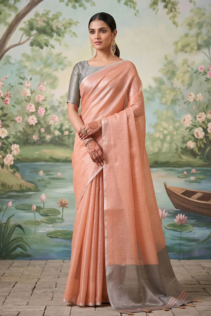 Peach Color Festive Wear Graceful Tissue Silk Saree