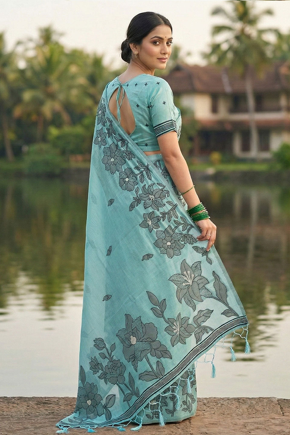 Awesome Linen Cotton Printed Saree In Sea Green Color | Buy Online India