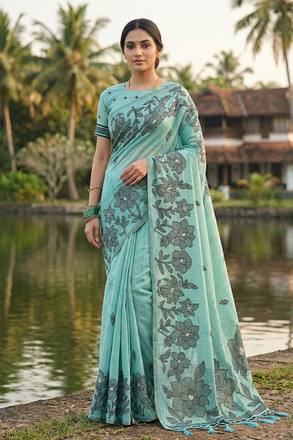 Awesome Linen Cotton Printed Saree In Sea Green Color | Buy Online India