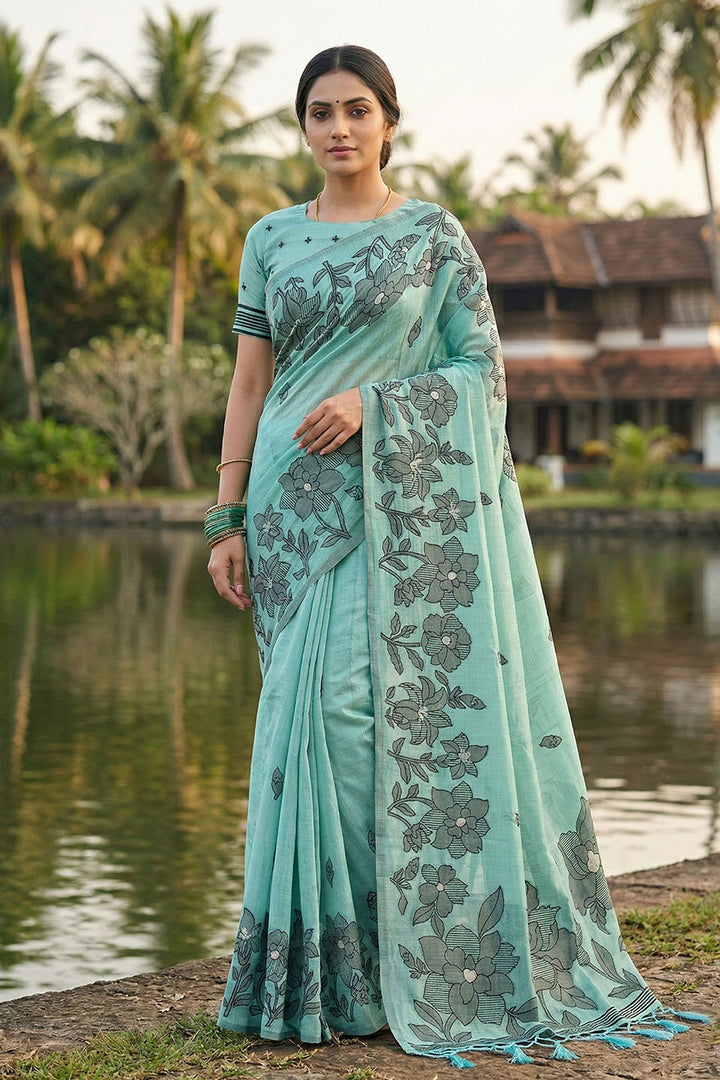Awesome Linen Cotton Printed Saree In Sea Green Color | Buy Online India